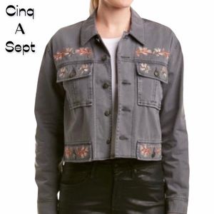 Cinq á Sept Folk Cropped Canyon Jean Jacket Grey Floral Embroidery Size L NWT